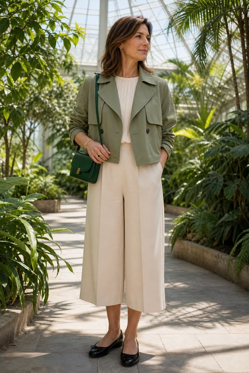 Olive Jacket and Cream Wide-Leg Outfit A woman wears an olive cropped jacket over a cream top and wide-leg cropped trousers with black flats and a dark green shoulder bag.