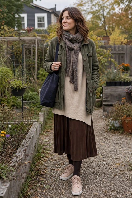 Olive Jacket and Pleated Skirt Outfit A layered outfit featuring an olive utility jacket, beige knit sweater, brown pleated skirt, textured scarf, dark tights, light sneakers, and a navy tote bag.