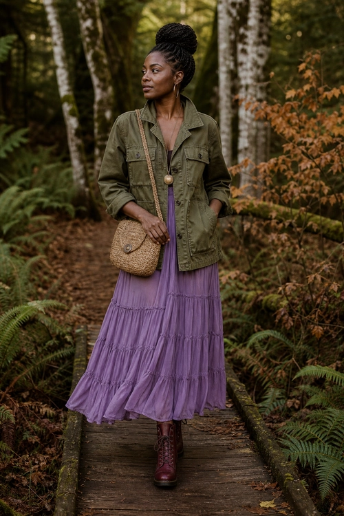 Olive Jacket and Purple Tiered Skirt Outfit Woman wearing an olive utility jacket over a purple tiered maxi skirt with burgundy lace-up boots and a woven crossbody bag.
