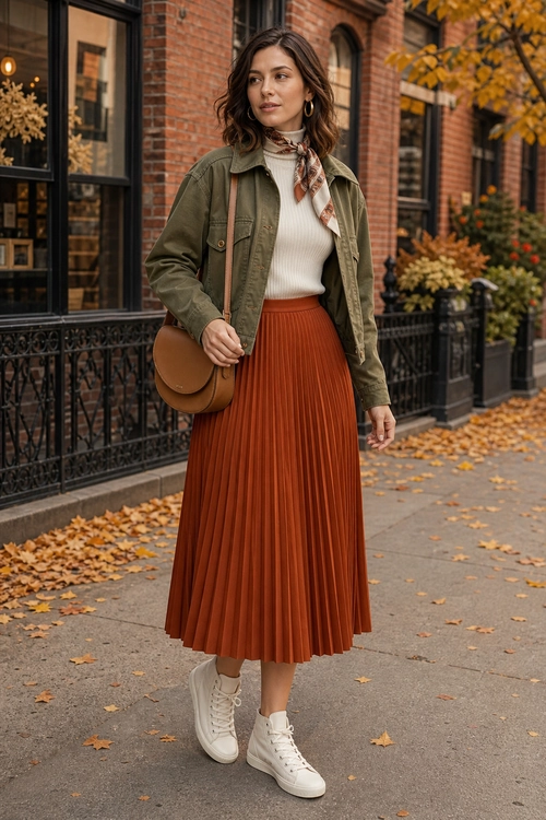 A woman wears an olive utility jacket over a cream ribbed turtleneck with a rust pleated midi skirt, patterned scarf, brown crossbody bag, and white high-top sneakers.