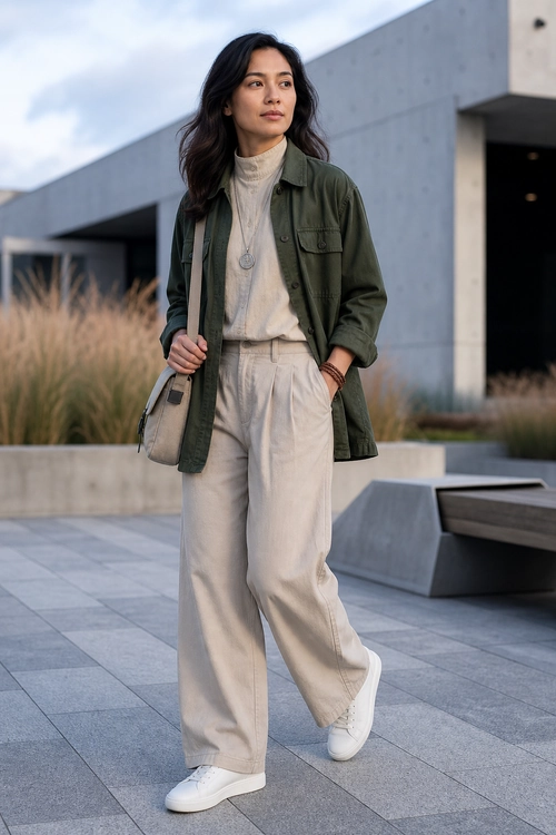 Olive Overshirt and Cream Trousers A woman wears an olive green overshirt over a cream high-neck top with wide-leg cream trousers, white sneakers, and a taupe shoulder bag.