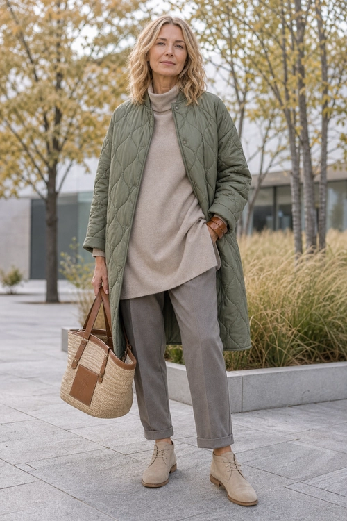 Olive Quilted Coat Outfit A woman wears an olive quilted coat over a taupe knit tunic with gray cuffed trousers, tan ankle boots, and a woven leather-trimmed tote.