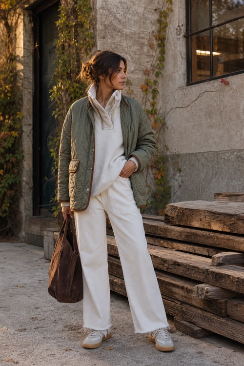 A person wears an olive quilted jacket over a cream sweatshirt and wide-leg pants with sneakers and carries a brown leather tote.