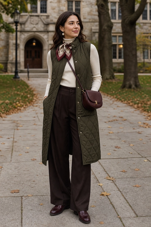 Olive Quilted Vest Outfit A woman wears an olive quilted long vest over a cream turtleneck with brown wide-leg trousers, burgundy loafers, a patterned neck scarf, and a burgundy crossbody bag.