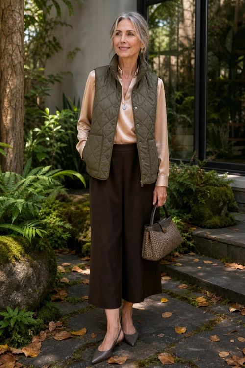 Olive Quilted Vest and Satin Blouse A woman wears an olive quilted vest over a champagne satin blouse with dark brown cropped trousers, pointed flats, and a textured handbag.