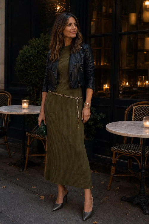 A woman wears an olive ribbed midi dress with a black leather jacket, gold chain belt, bracelets, green clutch, and pointed metallic heels.