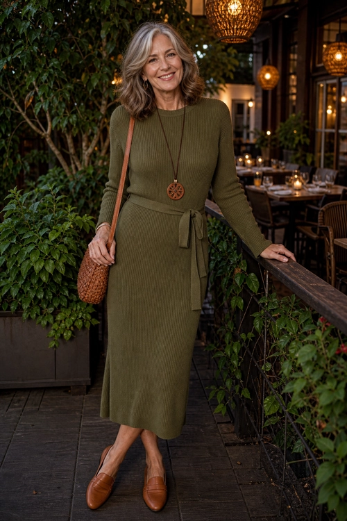 Olive Ribbed Midi Dress Outfit An olive green ribbed midi dress with a tied waist is styled with brown loafers, a woven shoulder bag, and a long pendant necklace.