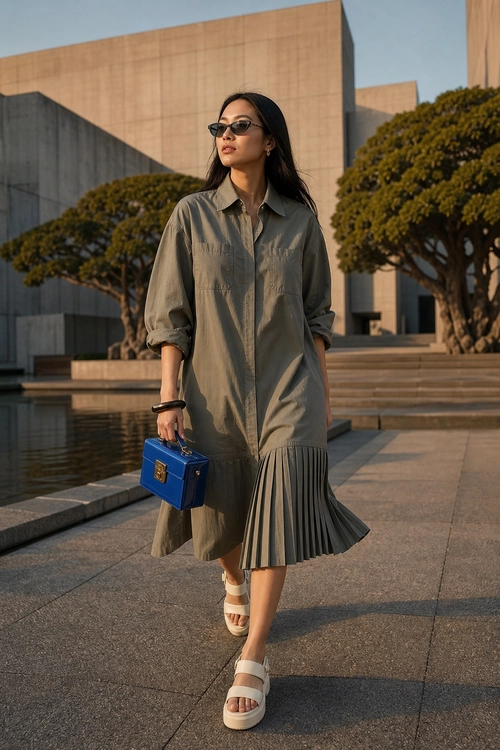 Olive Shirt Dress with Pleated Hem A woman wears an olive-gray shirt dress with rolled sleeves and a pleated hem, styled with sunglasses, a blue handbag, and white platform sandals.