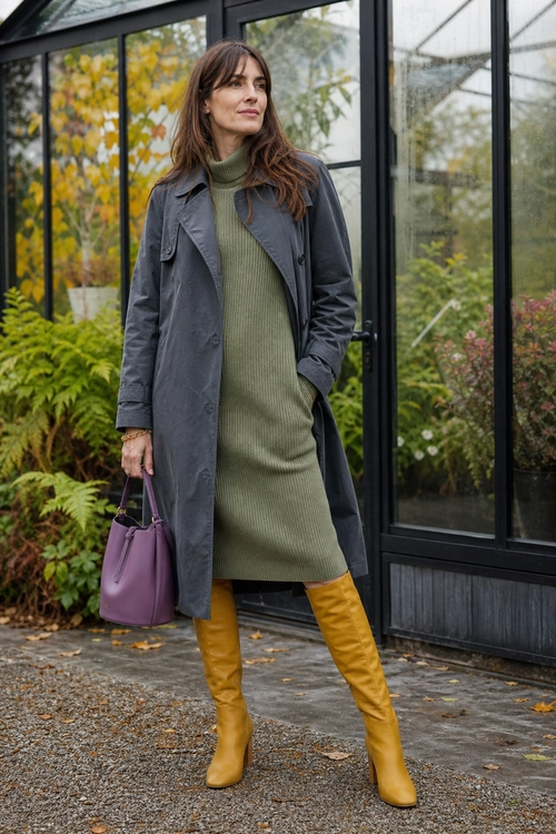 A woman wears an olive ribbed turtleneck sweater dress with a charcoal long coat, mustard knee-high boots, and a purple handbag.