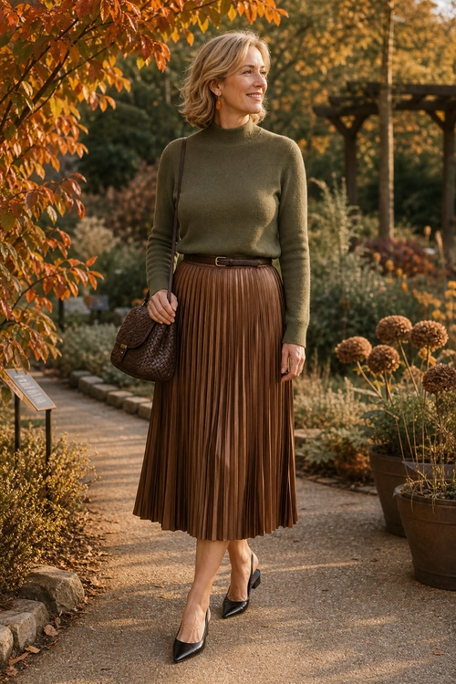 Woman wearing an olive green sweater with a brown pleated midi skirt, black pointed heels, and a textured shoulder bag.