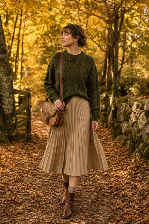 A woman wears an olive cable-knit sweater with a beige pleated midi skirt, brown ankle boots, and a brown crossbody bag on a leafy woodland path.