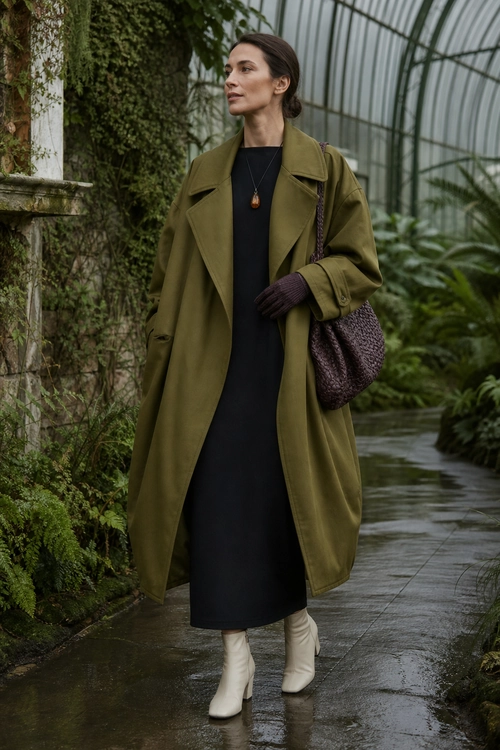 Olive Trench Coat and Black Midi Dress A woman wears an olive trench coat over a black midi dress with cream ankle boots, dark gloves, a pendant necklace, and a textured shoulder bag.