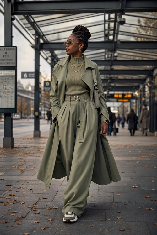 A woman wears an olive trench coat over a ribbed turtleneck and wide-leg trousers with sneakers while walking through a covered city station.