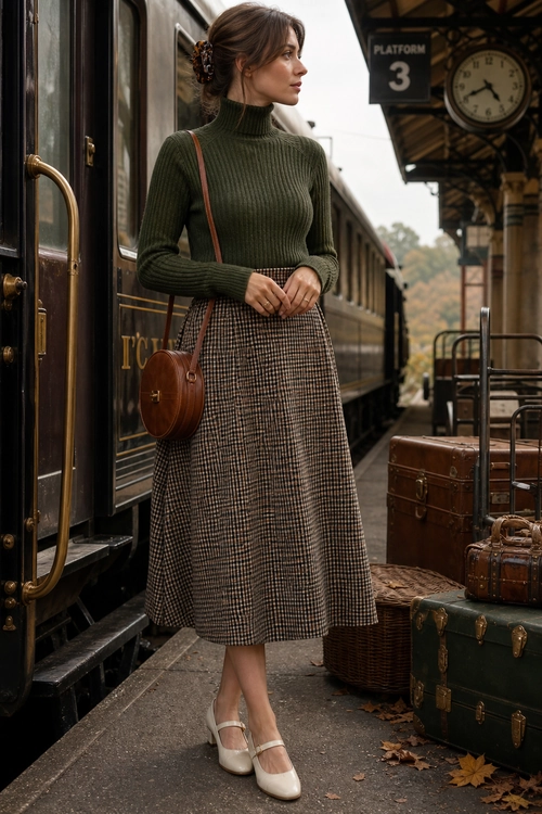 A woman wears an olive green ribbed turtleneck with a brown check midi skirt, round leather crossbody bag, and cream Mary Jane shoes.