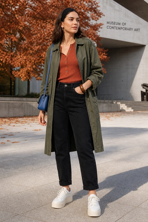 Olive Utility Coat Outfit A woman wears an olive utility coat over a rust ribbed top with black jeans, white platform sneakers, and a blue crossbody bag.