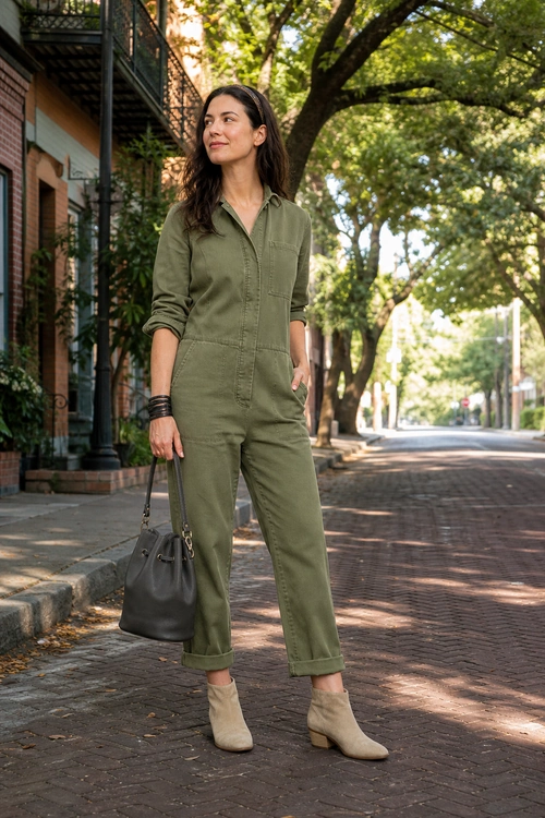 Olive Utility Jumpsuit Outfit A woman wears an olive green utility jumpsuit with rolled sleeves, beige ankle boots, and a black shoulder bag on a tree-lined street.