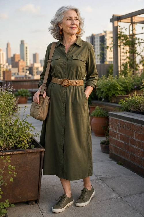 Olive Utility Shirt Dress Outfit An olive green utility shirt dress styled with a woven tan belt, tan shoulder bag, and olive sneakers with white soles.