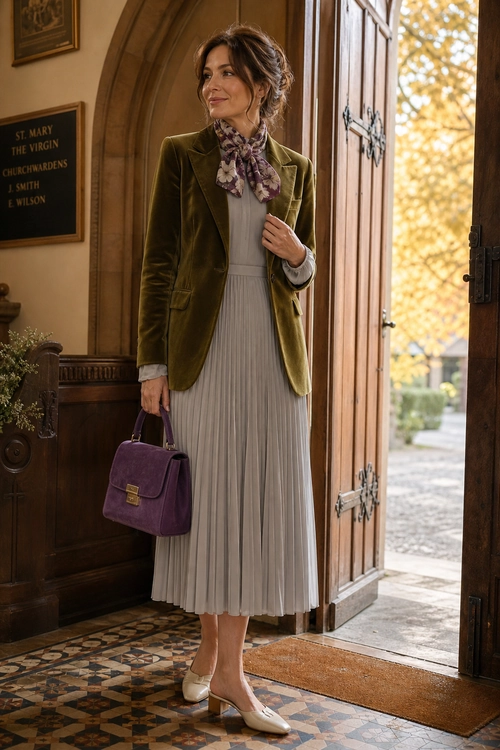 Olive Velvet Blazer and Pleated Dress Outfit A woman wears an olive velvet blazer over a light gray pleated midi dress with a patterned neck scarf, purple handbag, and cream pointed heels.