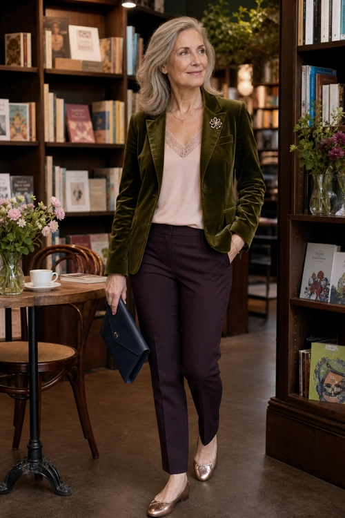 A woman wears an olive velvet blazer with a brooch, a blush lace-trim camisole, dark tailored trousers, metallic flats, and a navy clutch.