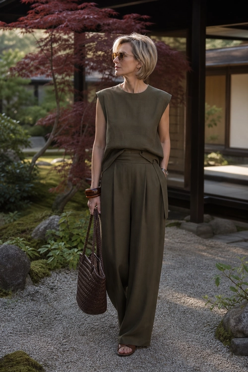 Olive Wide-Leg Jumpsuit Look A woman wears an olive sleeveless wide-leg jumpsuit with sunglasses, a woven tote, bracelets, and flat sandals.