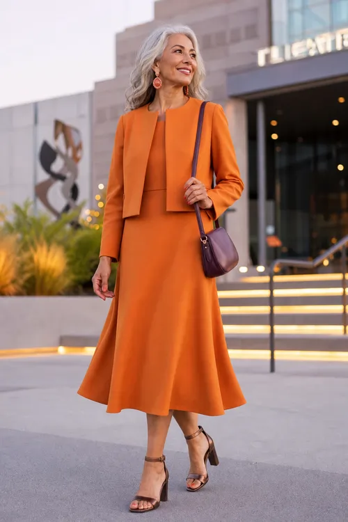 A woman wears an orange midi dress with a matching jacket, burgundy shoulder bag, and brown strappy heeled sandals.