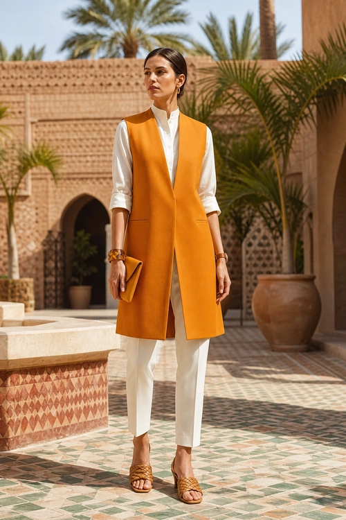 A woman wears a long orange sleeveless vest over a white shirt with cropped white trousers, woven brown sandals, and a matching clutch.