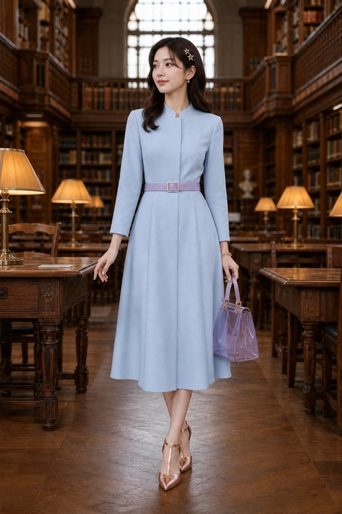 Pale Blue Belted Midi Dress A woman wears a pale blue long-sleeve midi dress with a lavender belt, a translucent lavender handbag, and pointed blush heels.