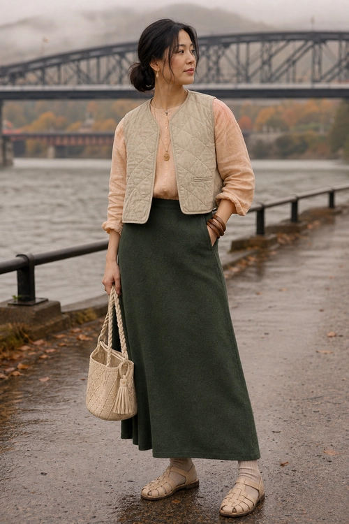 A woman wears a peach long-sleeve blouse, beige quilted vest, dark olive ankle-length skirt, woven handbag, and beige sandals.