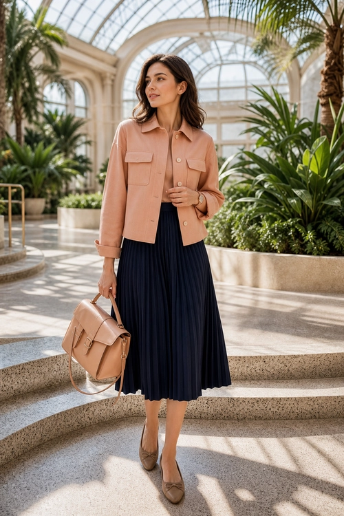 Peach Jacket and Navy Pleated Skirt Outfit Woman wearing a peach button-front jacket with a navy pleated midi skirt, taupe flats, and a tan structured handbag.