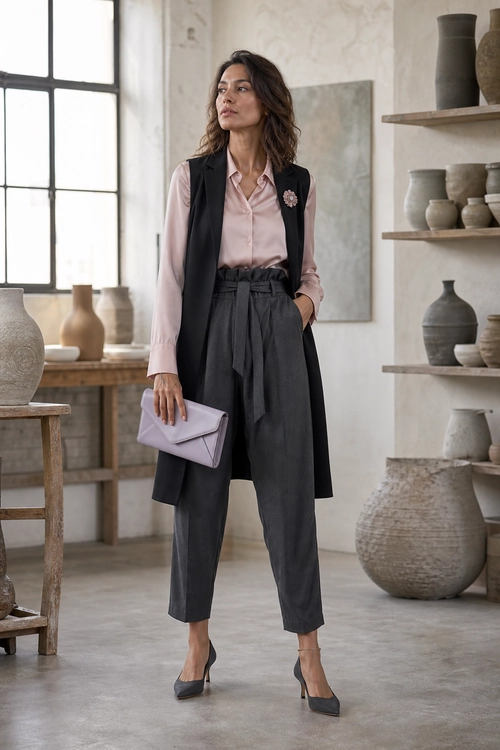Pink Blouse with Tailored Vest and Trousers A woman wears a pale pink blouse with a long black sleeveless vest, high-waisted charcoal trousers, pointed heels, and a lavender clutch.