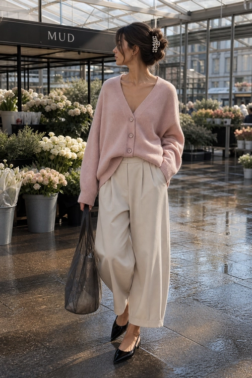 Pink Cardigan and Cream Trousers Outfit A woman wears a soft pink button-front cardigan with cream wide-leg trousers, black pointed shoes, and a sheer black tote.