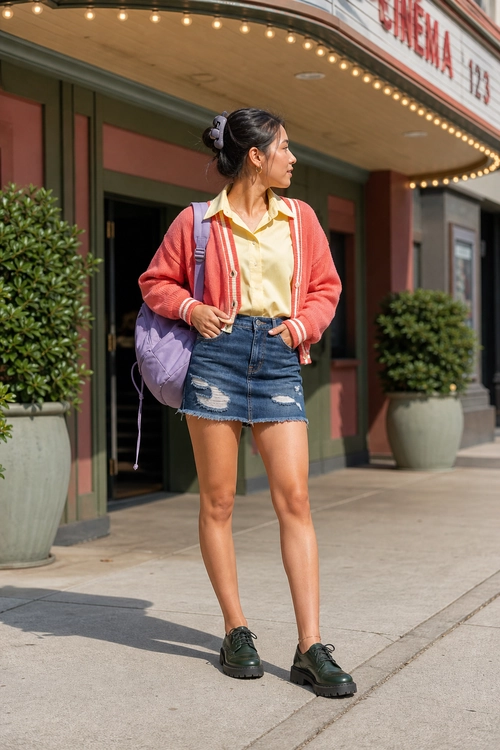 Casual outfit featuring a pink cardigan over a yellow collared shirt, a distressed denim mini skirt, a purple backpack, and black chunky shoes.