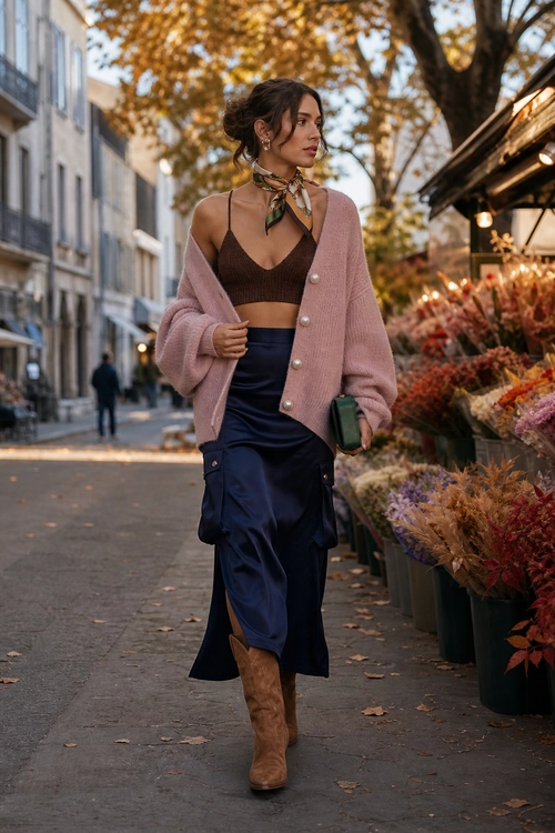 Woman wearing a pink cardigan over a brown cropped top with a navy midi skirt, brown knee-high boots, a neck scarf, and a small green bag.