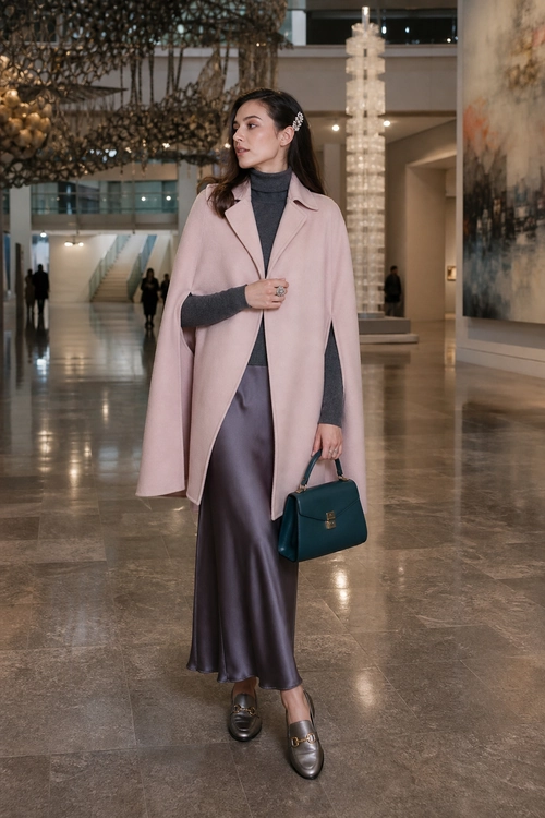 A woman wears a pale pink coat over a charcoal turtleneck and dark satin skirt with loafers and a teal structured handbag.