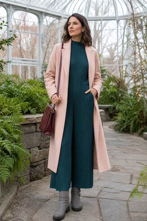 Pink Coat and Teal Pleated Jumpsuit A woman wears a pale pink long coat over a dark teal pleated wide-leg jumpsuit with gray ankle boots and a burgundy shoulder bag.
