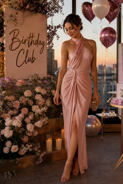 A woman wears a blush pink draped satin halter gown with a thigh-high slit, strappy heels, and a small gold clutch at a birthday celebration.