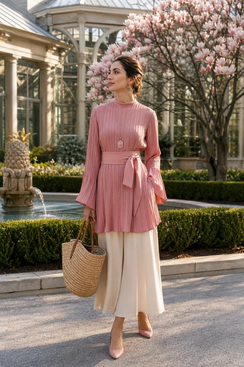 A woman wears a pink pleated long-sleeve tunic with a tied waist sash, cream culottes, pink pointed heels, and a woven tote.