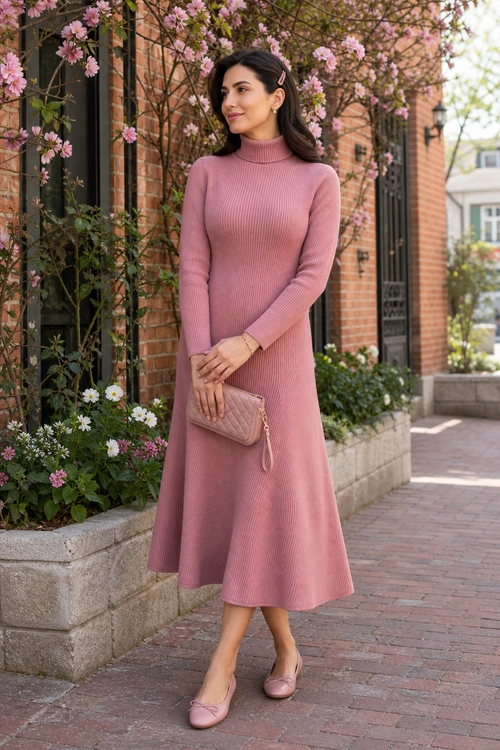 Woman wearing a blush pink ribbed turtleneck midi dress with matching ballet flats and a quilted clutch.