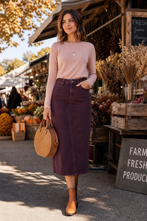 Pink Top and Burgundy Midi Skirt Outfit Woman wearing a blush pink long-sleeve top with a burgundy denim midi skirt, brown ankle boots, a round woven handbag, and a pendant necklace.