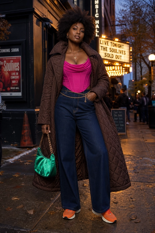 Pink Top and Quilted Coat Outfit A woman wears a bright pink draped top, dark wide-leg jeans, a long brown quilted coat, orange sneakers, and carries a small green satin handbag on a city street.