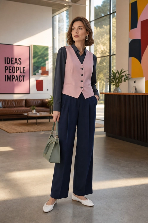 A polished outfit featuring a blush pink buttoned vest over a navy blouse, wide-leg navy trousers, white loafers, and a sage green handbag.