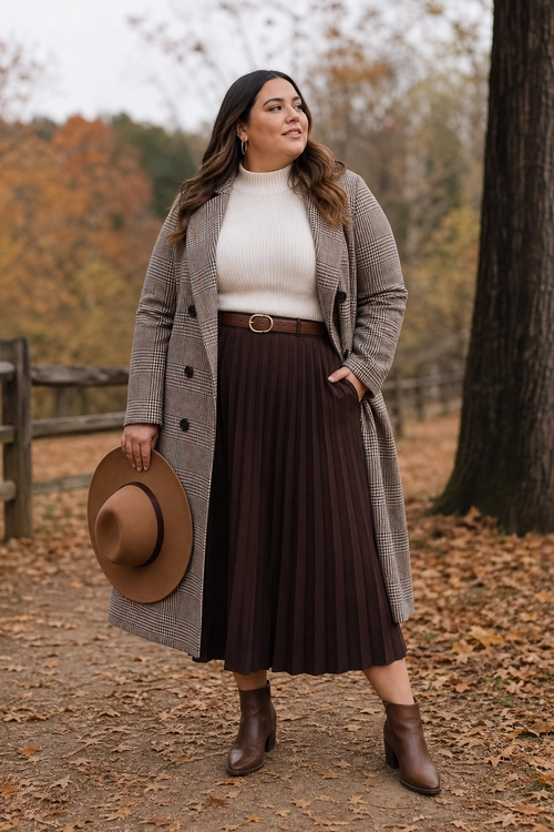 Plaid Coat and Pleated Skirt Outfit A woman wears a long plaid coat over a cream turtleneck sweater and dark brown pleated midi skirt with brown ankle boots and a wide-brim hat.