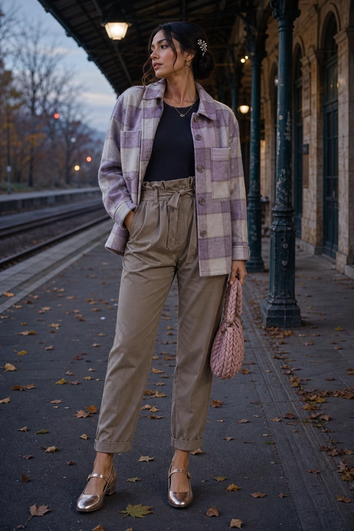 A woman wears a lavender plaid overshirt over a black top with taupe high-waisted trousers, metallic Mary Jane flats, and a woven pink handbag.