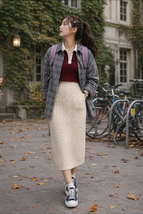 A layered outfit featuring a gray plaid overshirt, burgundy top, white collared shirt, cream cable-knit midi skirt, sneakers, and a mauve backpack.