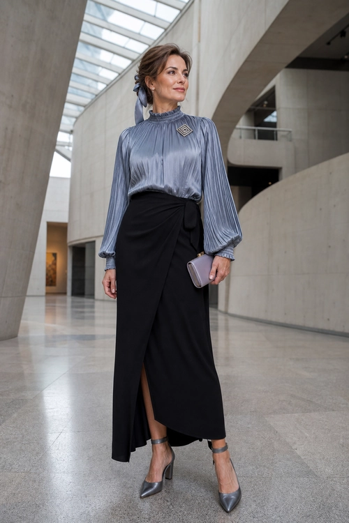 A woman wears a blue-gray pleated blouse with voluminous sleeves, a black wrap skirt, pointed heels, and a small lavender clutch.