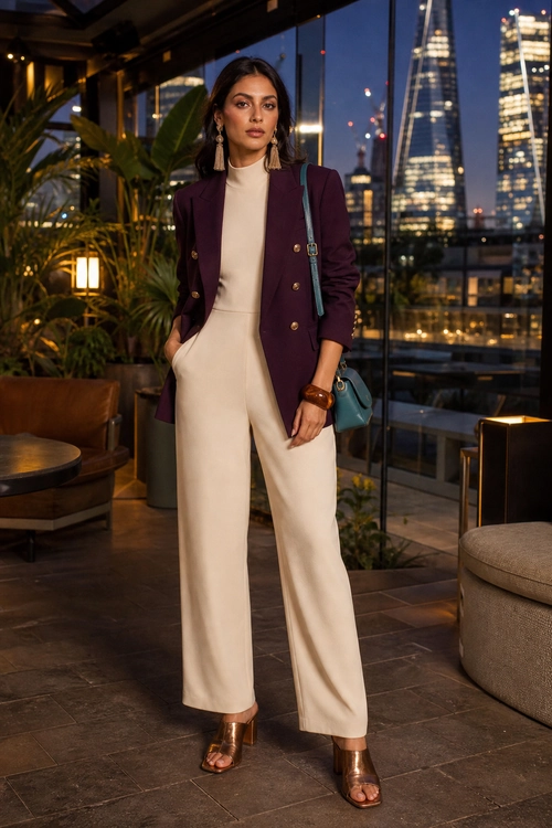 Plum Blazer with Cream Jumpsuit A woman wears a plum double-breasted blazer over a cream wide-leg jumpsuit with a teal shoulder bag and metallic heeled sandals.