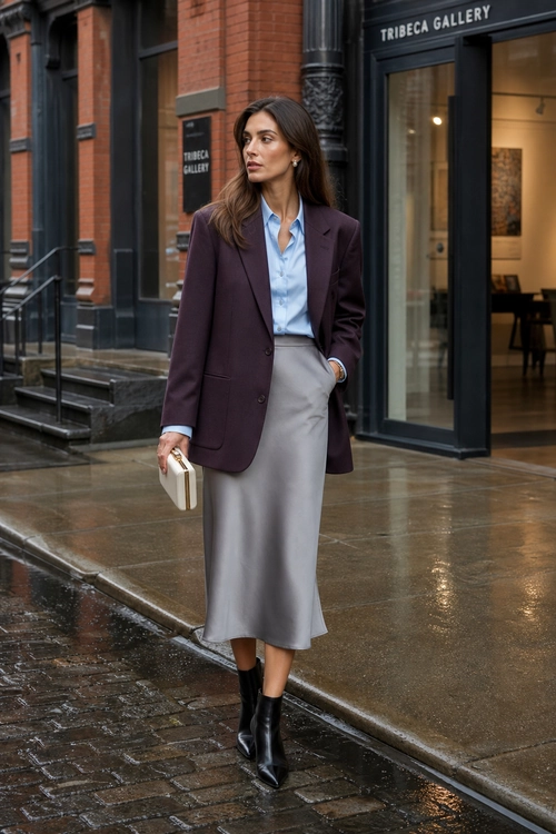 Woman wearing a plum blazer, light blue shirt, gray midi skirt, and black ankle boots while holding a cream clutch on a city sidewalk.