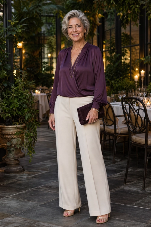 A woman wears a plum draped blouse with cream wide-leg trousers, open-toe heeled sandals, layered necklaces, and a burgundy clutch.