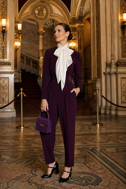 A tailored plum jumpsuit styled with a white bow blouse, black Mary Jane heels, and a matching purple handbag.