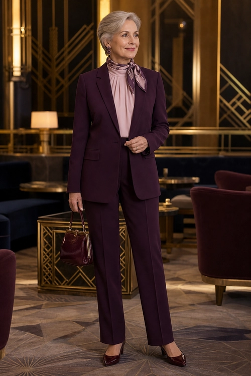 Plum Pantsuit with Silk Scarf Woman wearing a tailored plum pantsuit with a blush pink blouse, patterned neck scarf, burgundy handbag, and pointed heels.